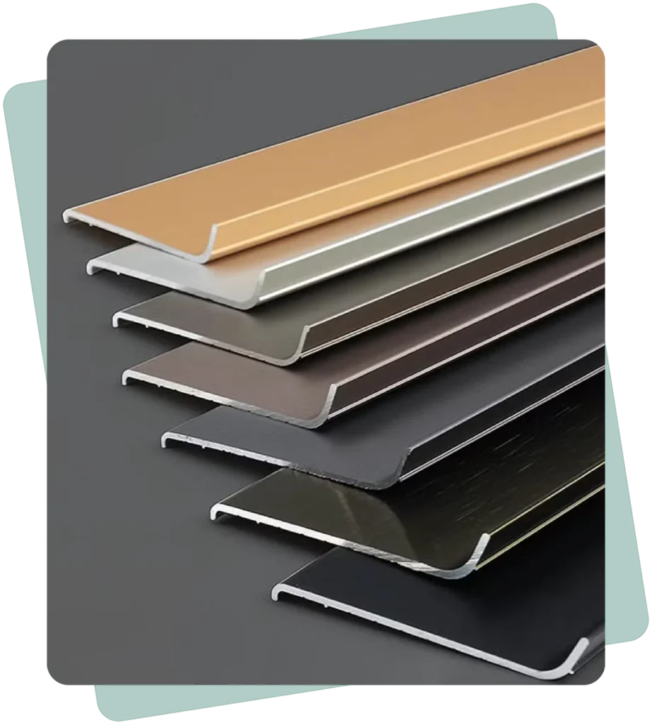 Assorted metal skirting profiles in various finishes.