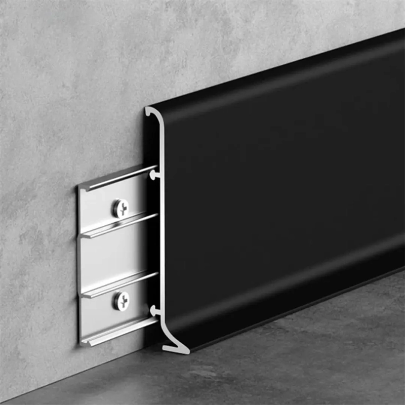 Black aluminum skirting board with clip-on mounting system.