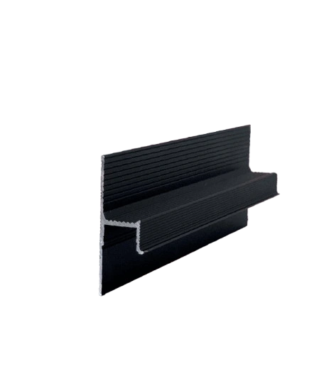 Black fluted aluminum transition profile for flooring.