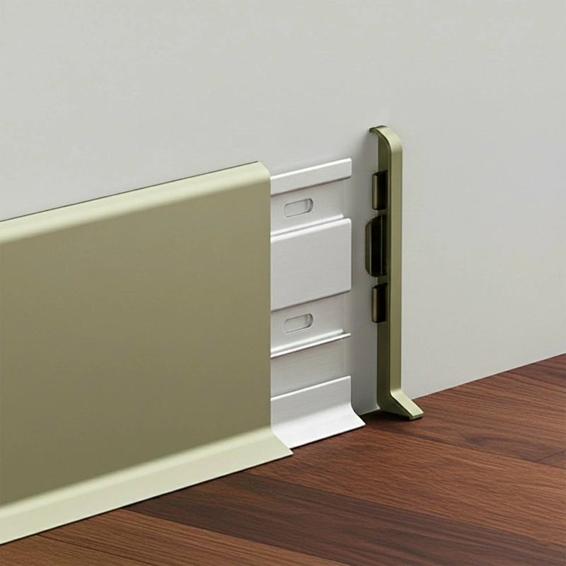 Champagne aluminum skirting board with two-part clip system.