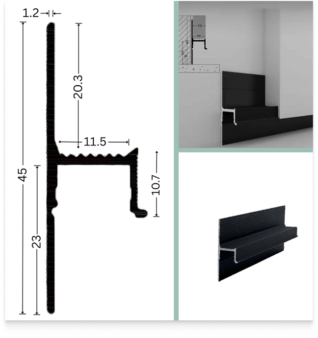 Silver aluminum T-profile for flooring transitions.