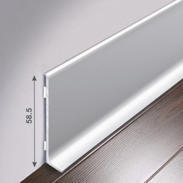 Sleek silver aluminum skirting board, 58.5mm height.